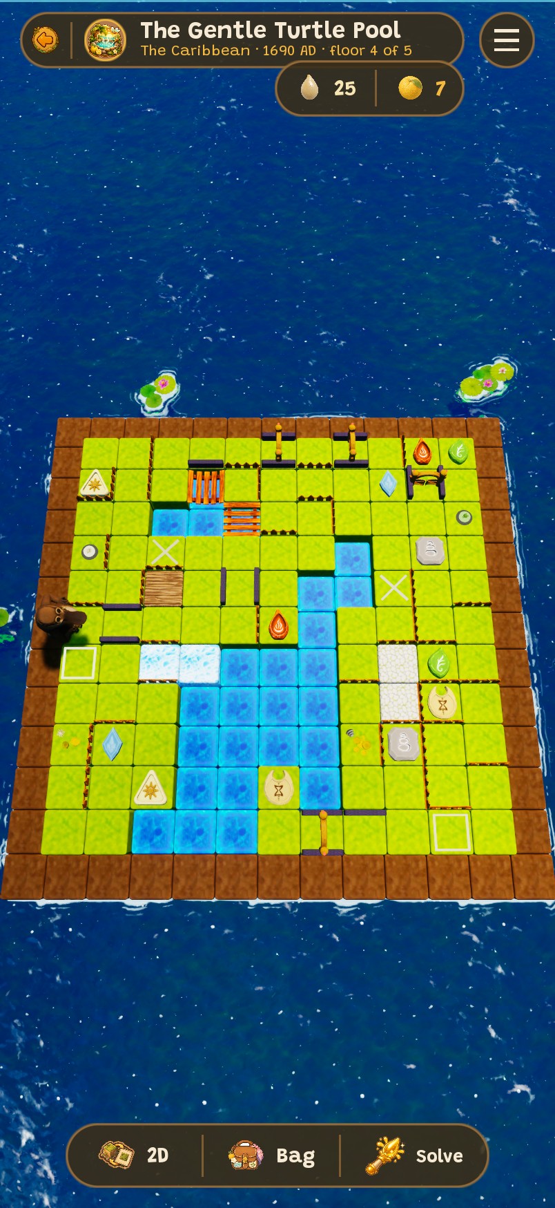 The Gentle Turtle Pool, the Caribbean 1690, stage 4: a floating island of grass cubes with warm-water channels drawn between the springs